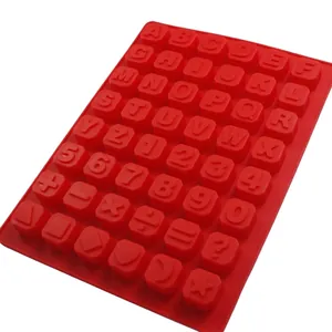 Detailed macro view of 48-cavity red silicone mold with alphabet letters, numbers, and symbols