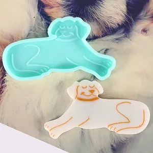 Detailed macro view of mint green lying dog silicone mold and white resin accessory