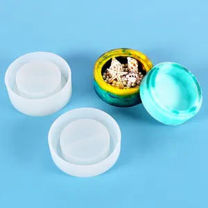 DIY crystal epoxy silicone mold set for round storage box with finished resin sample
