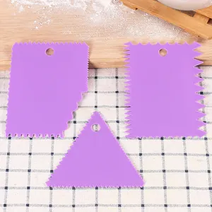 Set of 3 purple plastic serrated cake scrapers for DIY baking and dough shaping tools