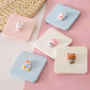Portable cartoon mini makeup mirrors in pastel colors with cute 3D animal decor