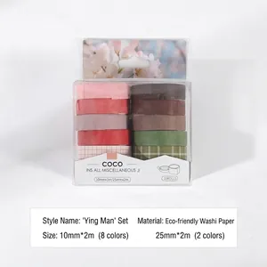 Detailed view of 10-roll assorted color and grid washi tape set in clear packaging