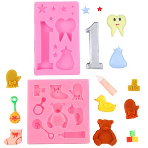 Molde de Silicona DIY Tema Bebé Oso Biberón Pato de Goma Alfabeto Fondant Chocolate Dulce Manualidades para Decoración de Primer Cumpleaños