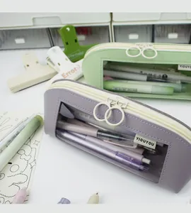 Close-up of Morandi purple shell leather pencil case with transparent window