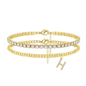 Double-layered 18K gold plated anklet with tennis chain and zircon 'H' letter charm