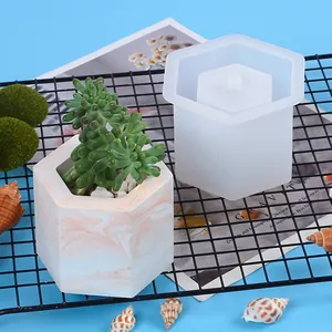 Moule en silicone hexagonal et pot en ciment marbré fini pour succulentes sur grille noire.