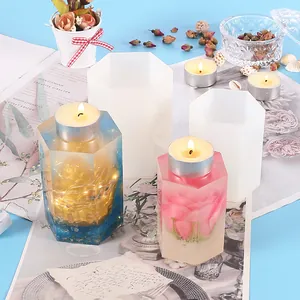 Detail view of hexagonal silicone resin molds with finished floral candle holders