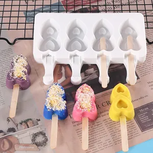 White silicone 4-cavity heart shaped popsicle mold with sticks for DIY ice cream