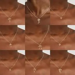 Detailed view collage of nine minimalist gold bow pendant necklaces on a model