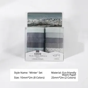 Detailed view of winter-themed washi tape set featuring specific size and material info