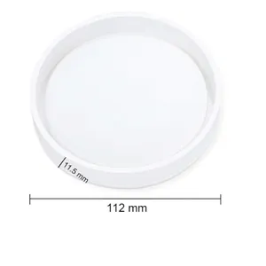 Dimensions of round silicone coaster mold showing 112mm diameter and 11.5mm thickness