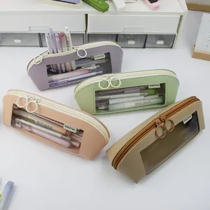 Morandi Leather Pencil Case With Transparent Window Large Capacity Waterproof Shell Shape Stationery Bag For School Office