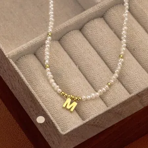 Vintage Freshwater Rice Pearl Necklace With Gold Plated Copper Initial Letter Pendant Elegant Clavicle Chain Jewelry For Women