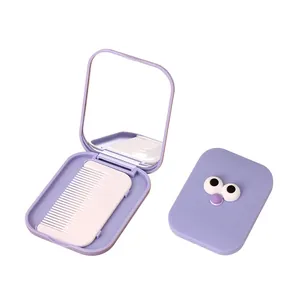 Portable purple cartoon makeup mirror and comb set for travel and students