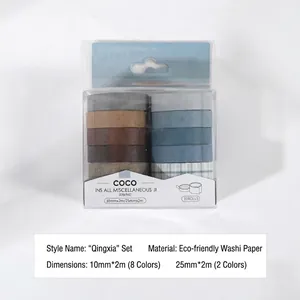 Macro view of 10-roll washi tape set in earthy and blue tones made of eco-friendly paper