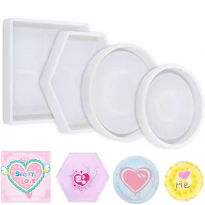 Detail view showing square hexagon and round silicone resin molds for DIY coasters
