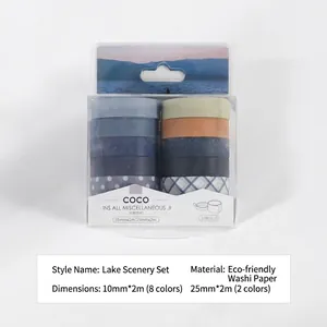 Washi tape set of 10 rolls in 'Lake View' aesthetic blue and earthy tones for journaling