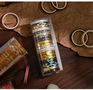 Close-up of the Aerobic Lifestyle gold foil washi tape set in its 20-roll transparent box.
