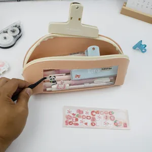 Morandi shell leather pencil case with transparent window and large capacity for students