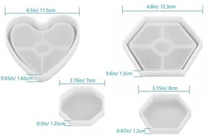 Detailed dimensions of heart and hexagonal silicone coaster molds for resin DIY.