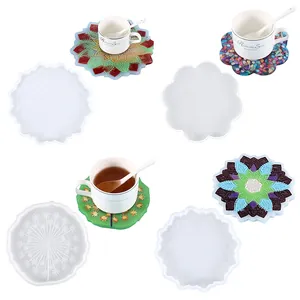 Detail view of multiple DIY silicone coaster molds with colorful resin finished samples.