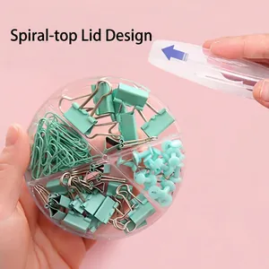 Mint green office stationery set including binder clips and pins in a clear round box