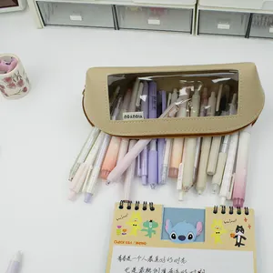 Large capacity shell shaped Morandi leather pencil case with clear window for stationery