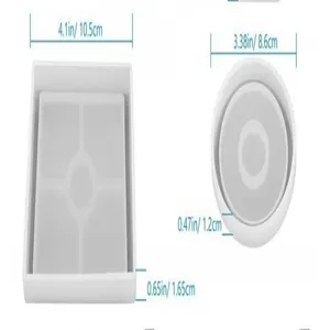 Close-up detail showing dimensions of round and rectangular resin coaster molds