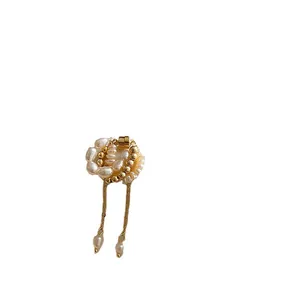 Elegant vintage freshwater pearl magnetic ear cuff featuring long gold tassels for women