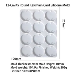 Detailed view of 12-cavity round silicone mold showing exact dimensions and specifications