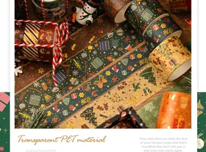 Nahaufnahme von transparentem PET-Material und Goldfoliendetails der Weihnachtsbänder