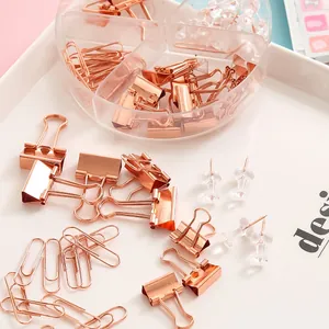 Rose gold stationery set with binder clips, paper clips and push pins in a tray.