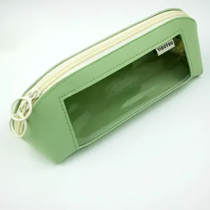 Morandi green leather pencil case with transparent window and double zipper