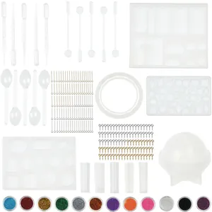 Detailed view of 83-piece DIY resin kit including silicone molds and 12-color glitter.