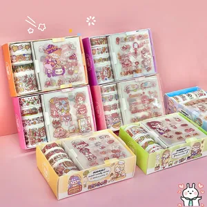 Cute Cartoon Girl Washi Tape PET Sticker Collection Gift Box Scrapbooking DIY Journaling Decoration Supplies For Kids Girls