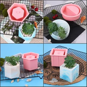 Moules en silicone roses pour pots de succulentes avec exemples de créations en ciment