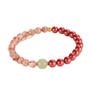 Elegant New Chinese style bracelet with cinnabar beads, south red agate, and Hetian jade