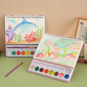 Portable 8-color cartoon watercolor painting set with DIY spiral-bound drawing book for kids