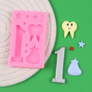 Molde de silicona para fondant con número uno, diente animado y biberón