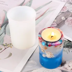 Cylindrical silicone mold for DIY epoxy resin candle holders with finished sample