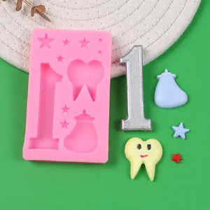 Molde de silicona tema bebé con número 1, diente y biberón para decoración de pasteles