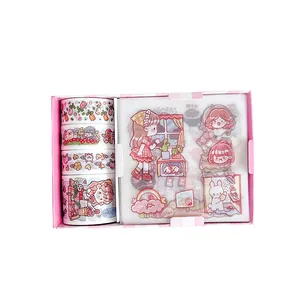 Cute pink cartoon washi tape and decorative sticker gift set for creative journaling