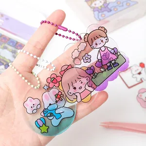 Kit de porte-clés DIY en acrylique avec dessins de filles et de lapins et chaînes colorées