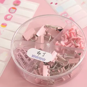 Cute cartoon name stickers on a pink stationery box lid with clips and pins