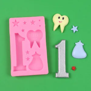 Molde de silicona rosa para fondant y chocolate con forma de número 1 y diente dulce