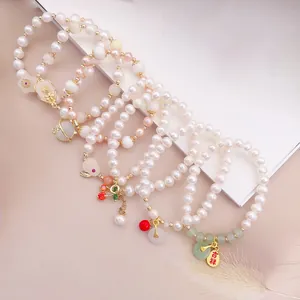 Bracciale di Perline in Pietra Occhio di Gatto e Perle Artificiali Design di Nicchia Per Donna Stile Etnico Ciondoli Portafortuna Coniglio Ciliegia Farfalla Fiore Gioielli