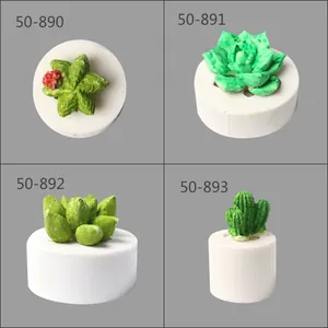 Detailed view of four different succulent and cactus silicone molds for baking DIY