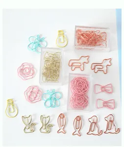 Assorted creative animal and flower shaped colorful metal paperclips in clear boxes