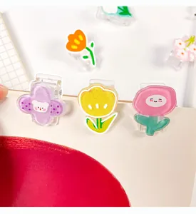 Nahaufnahme süßer Acryl-Clips mit Blumen- und Bärendesigns zur Papierorganisation