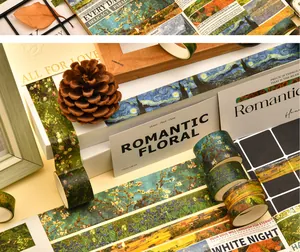Macro detail view of Van Gogh impressionism style washi tape rolls for DIY journaling